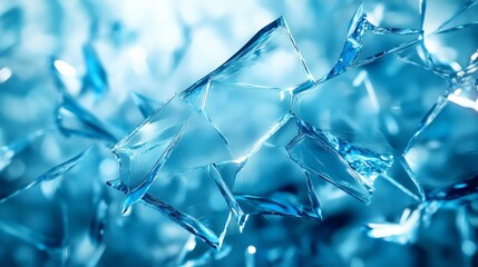 Fototapete - Jagged blue shards of glass scattered randomly across light abstract background forming sharp geometric patterns with reflective surfaces and glowing highlights