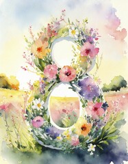 Poster - Watercolor painting for the International Women's Day celebrated on march 8th with number 8 wreath made of colorful flowers on a blooming meadow in sunrise soft light. Conceptual background. Ai generated art