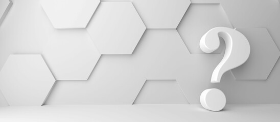 Poster - Fine 3d concept with a white question mark icon in a modern white hexagon room with space for text