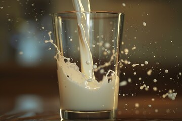 Poster - milk is pouring into a glass, splashing and creating droplets