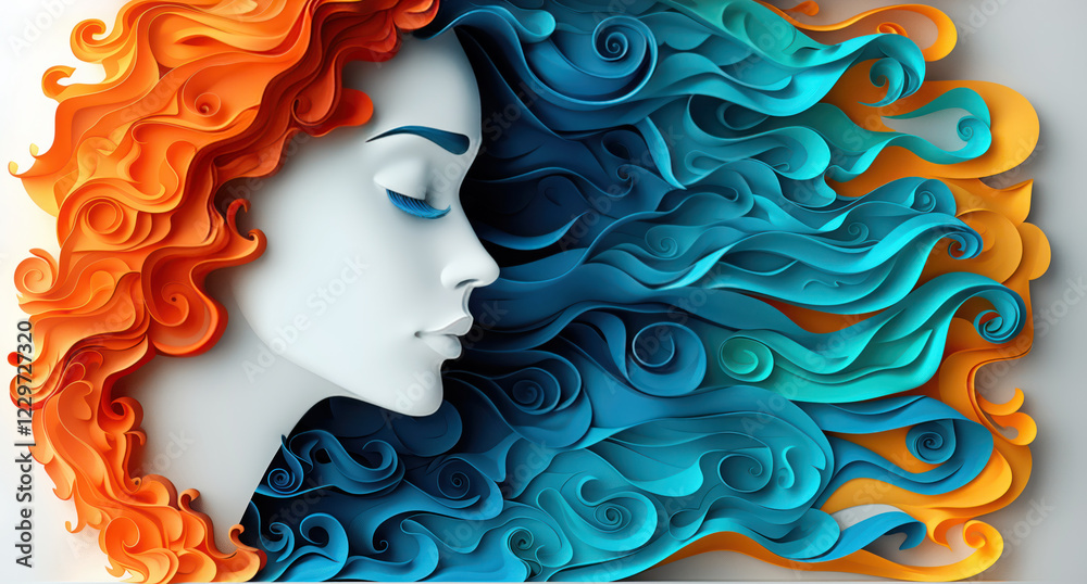 Profile of a woman with long, flowing hair made of colorful paper ...