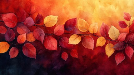 Poster - Lush watercolor leaves warm autumn colors of deep reds and golden yellows creating a beautiful textured background for the arrival of the autumn season