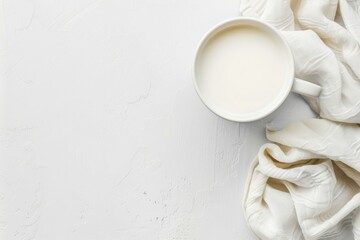 Poster - Simple, elegant flat lay featuring a white mug filled with milk on a white textured surface with a white tablecloth, perfect for food and beverage or lifestyle projects