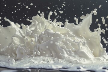 Poster - Milk is splashing and creating a dynamic shape against a dark background, perfect for showcasing dairy products or related concepts