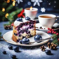 Poster - Slice of blueberry cake and two cups of tea on a festive table with Christmas decorations and lights, Blueberry Cake, AI generated