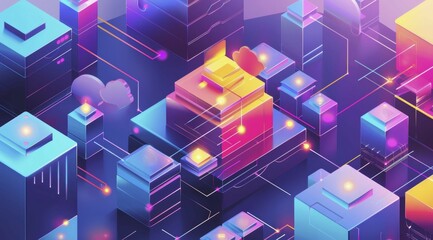 Poster - Colorful isometric digital representation of abstract data blocks and servers, ai generated, AI generated