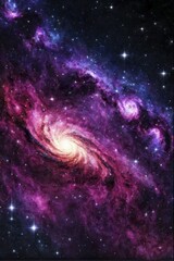 Poster - A spiral galaxy with bright purple and pink cosmic clouds, filled with stars and nebulae against the dark night sky, AI generated