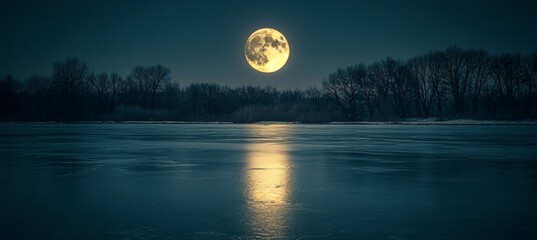 Wall Mural - Winter Night Magic. Full Moon Rising above a Frozen Lake, Moonlight Reflecting in the Ice