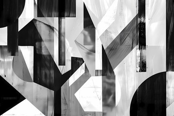 Poster - Dynamic black and white abstract composition with interlocking geometric shapes and patterns, illustration, AI generated