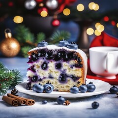 Wall Mural - Blueberry cake surrounded by Christmas ornaments and candles, creating a cozy festive atmosphere with warm lights, Blueberry Cake, AI generated