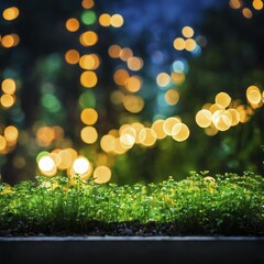 Wall Mural - Night scene with bokeh lights and green grass, providing a calm and natural atmosphere, AI generated