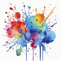 Poster - Energetic abstract watercolor painting showing dynamic and vibrant multicolored splashes on white, AI generated