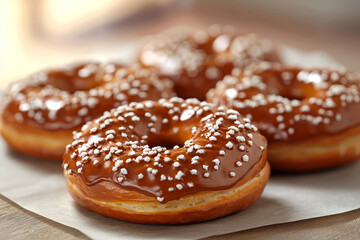 Sticker - Caramel-glazed donuts with sprinkles, close-up view.