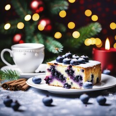 Wall Mural - Blueberry cake slice with tea, festive lights, evergreen needles, and holiday decorations, Blueberry Cake, AI generated