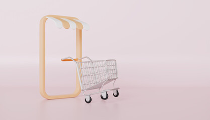 Wall Mural - Mobile phone frame with shopping cart, online or retail shopping