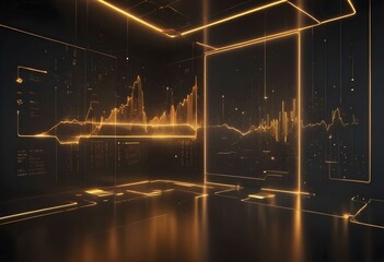Poster - Futuristic digital artwork with orange neon lines and waveforms on a black background, AI generated