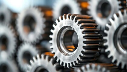 Poster - Close-up View of Interlocking Metal Gears, precision Engineering Cogwheels for Industrial Machinery