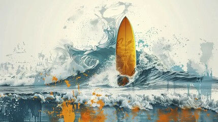 Poster - An abstract art piece featuring a surfboard and a dynamic wave with splatter effects, ai generated, AI generated