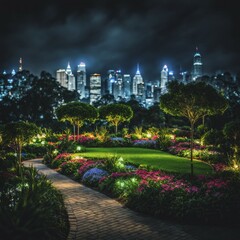 Poster - A vibrant garden with lush greenery and colorful lights set against a cityscape at night, AI generated