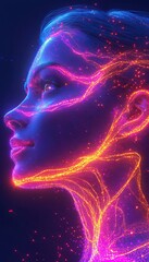 Poster - Abstract Woman Portrait Flowing Particles, Futuristic Design, Digital Art, Blue Background
