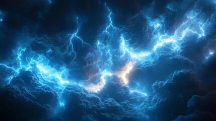 Fototapete - Multiple blue lightning strikes branching across midnight sky lighting up the dark horizon with sharp bursts of energy