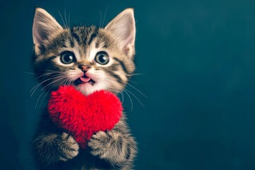 Cute munchkin young cat cub with fluffy red heart - emblem of love, funny greeting card. Munchkin - my beloved cat. Ad campaign idea. Furry valentine's gift photo. Love theme photo. Cute pet.