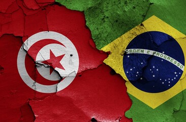 Wall Mural - Flags of Tunisia and Brazil painted on cracked wall