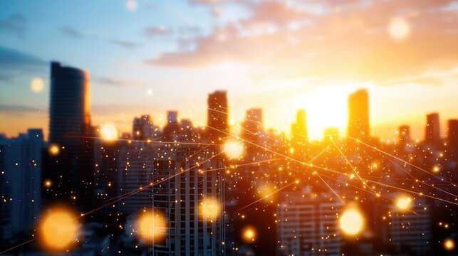 line connection urban cityscape sunset skyline with silhouettes of skyscrapers and glowing warm hues