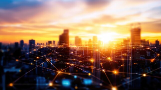 line connection urban cityscape sunset skyline with silhouettes of skyscrapers and glowing warm hues