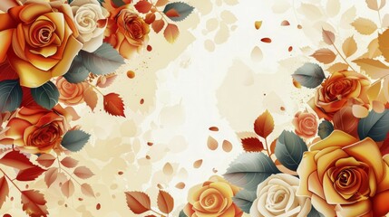 Poster - Romantic botanical scene with orange and cream roses, green leaves on a beige background, evoking an autumn atmosphere, AI generated