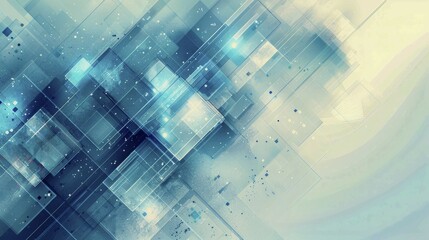 Poster - Abstract geometric digital art with blue and white squares, featuring a light glow effect, AI generated