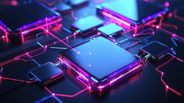 Abstract representation of digital devices connected by glowing lines, symbolizing advanced technology networking