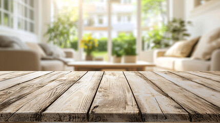 Wall Mural - clean, empty wooden table top with natural finish, set in bright living room with soft furniture and greenery, creating warm and inviting atmosphere