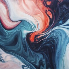 Poster - Abstract swirling patterns in teal, pink, white, and black tones, creating a soothing and fluid marbled effect, AI generated