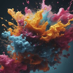 Poster - Energetic explosion of abstract colors in blue, orange, and pink set against a dark, dramatic background, AI generated