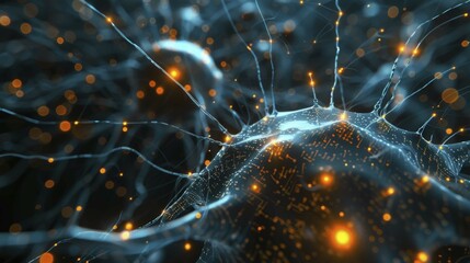 Wall Mural - Abstract sci-fi image of glowing blue and orange neurons and synapses forming a luminous network, AI generated