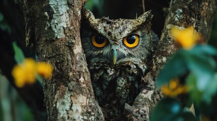 Canvas Print - Owl Peeking Through Tree Branches