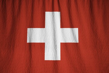 Poster - Closeup of Ruffled Switzerland Flag, Switzerland Flag Blowing in Wind