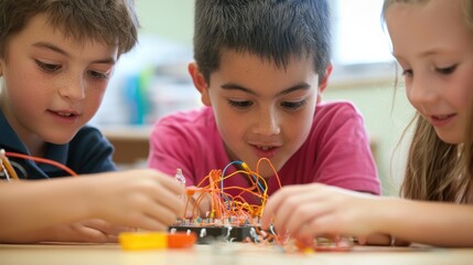 Fototapete - line connection shown through a group of kids engaged in a science experiment with educational props in a classroom
