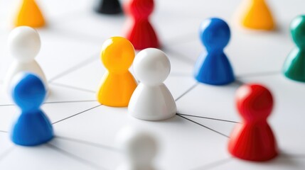 Fototapete - Line connection symbolizing teamwork in a business meeting, diverse professionals discussing ideas, neutral office background