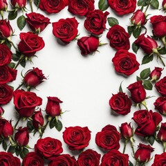 Poster - Red roses and green leaves arranged in a heart shape on a white background, creating a romantic atmosphere, AI generated