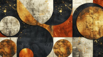 Poster - Abstract geometric painting with circles and splatters in orange, black, and white, AI generated