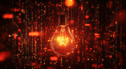 Aufkleber - Glowing light bulb illuminated by digital code in a dark, futuristic environment