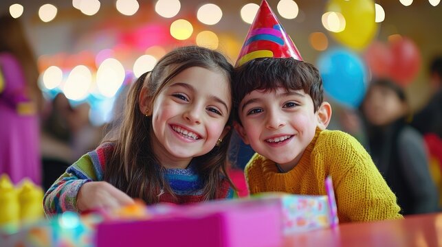 Siblings sharing a playful moment at a vibrant birthday party, emphasizing joyful family bonds and celebration