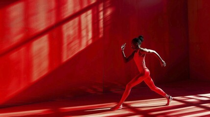 Poster - A female athlete running in a vibrant red setting with dramatic shadows, symbolizing agility and speed, AI generated