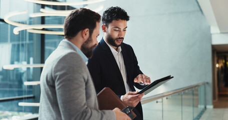 Poster - Hotel, lobby and business people with tablet for advice, schedule information or conference hall discussion. Seminar, employee and keynote speaker with smile for networking, research or online review