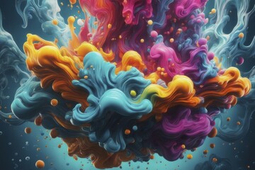 Poster - a dynamic abstract image with vibrant fluid textures in blue, orange, pink, and yellow, forming swir