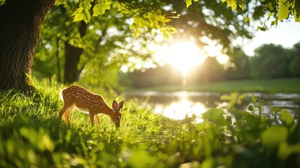 Fototapete - vibrant line connection of wildlife in a serene natural habitat, showcasing grazing deer near a tranquil river