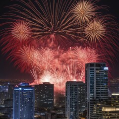 Poster - Red fireworks display over a city skyline at night, AI generated