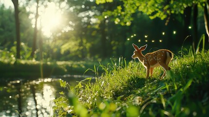 Fototapete - vibrant line connection of wildlife in a serene natural habitat, showcasing grazing deer near a tranquil river